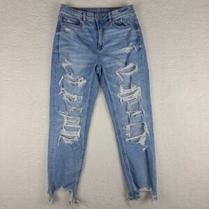 American Eagle Jeans Womens 6 Blue Mom Jean Stretch Distress Fray‎ Light Wash